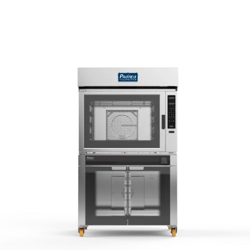 Un horno de acero inoxidable con ruedas sobre un fondo blanco.