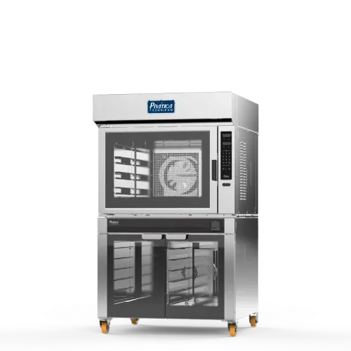 Un horno de acero inoxidable con ruedas sobre un fondo blanco.
