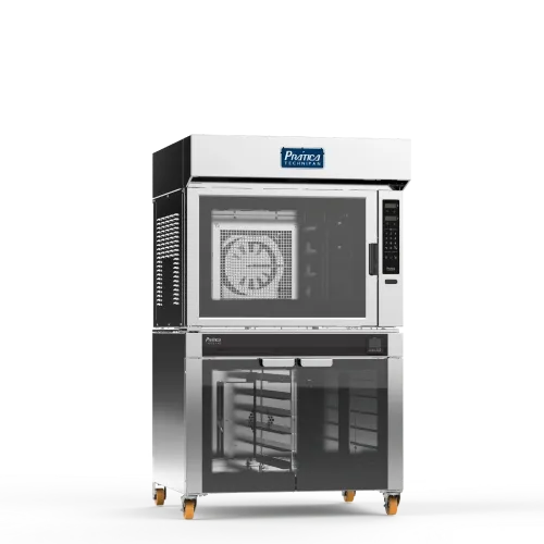 Un horno de acero inoxidable con ruedas sobre un fondo blanco.