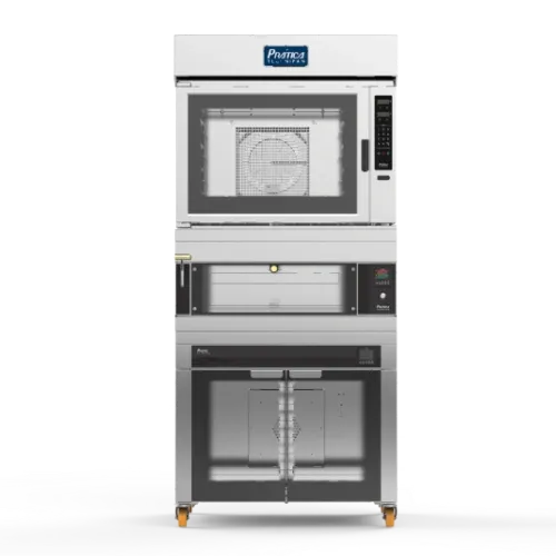 Un horno de acero inoxidable está colocado encima de un soporte de acero inoxidable.