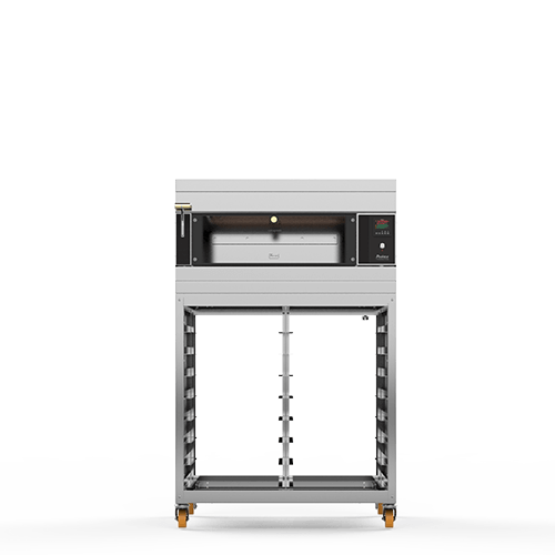 Una representación 3D de un horno de pizza sobre ruedas sobre un fondo blanco.