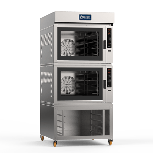 Un modelo 3D de un horno de acero inoxidable apilados uno sobre otro sobre un fondo blanco.