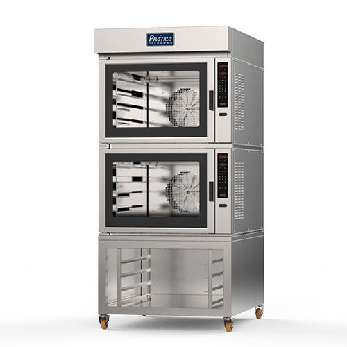 Un horno de acero inoxidable se apila uno encima del otro sobre un fondo blanco.