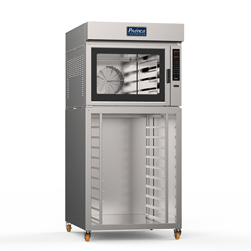 Un horno de acero inoxidable con puerta de cristal y ruedas sobre un fondo blanco.