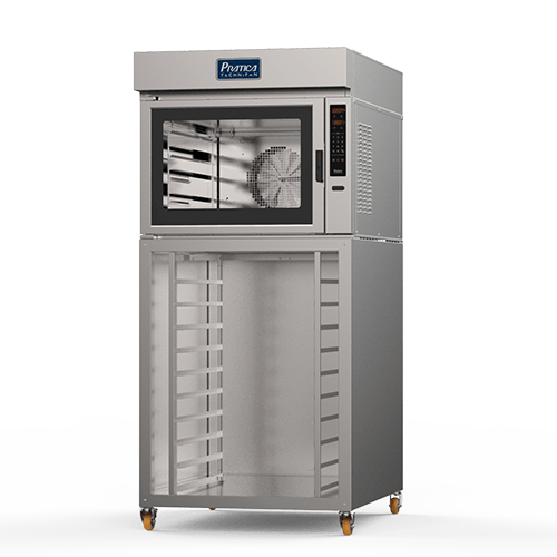 Un horno de acero inoxidable está sobre una superficie blanca.