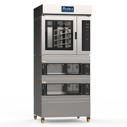 Un horno de acero inoxidable con ruedas sobre un fondo blanco.