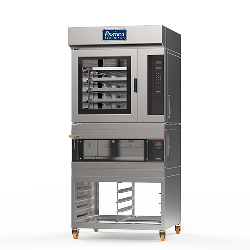 Un horno de acero inoxidable con ruedas sobre un fondo blanco.