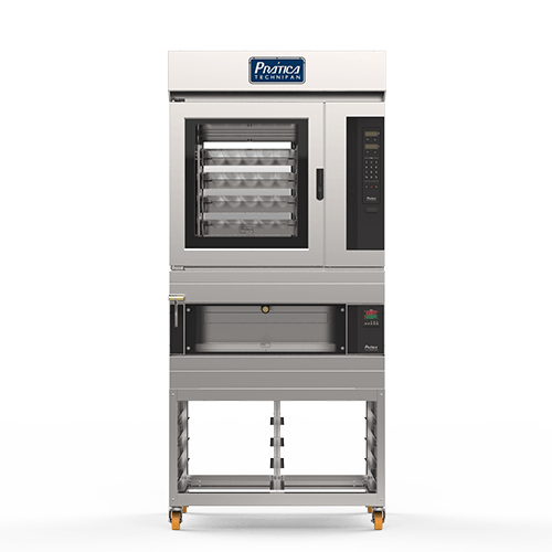 Un horno de acero inoxidable con ruedas sobre un fondo blanco.
