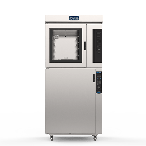 Un horno de acero inoxidable con ruedas y pantalla digital.