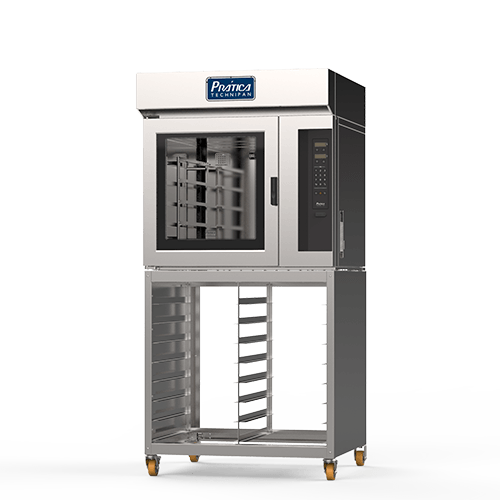 Un horno de acero inoxidable está colocado encima de un soporte de acero inoxidable.