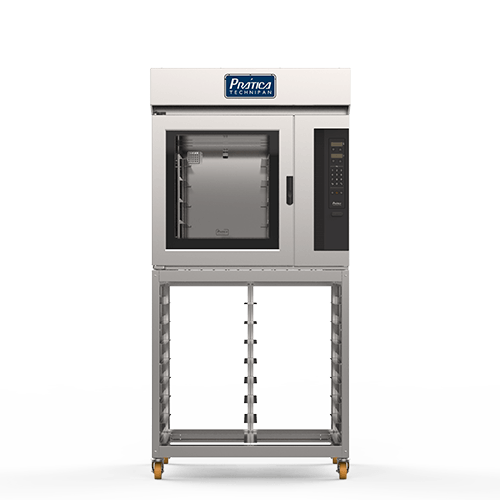 Un horno de acero inoxidable está colocado encima de un carrito sobre un fondo blanco.