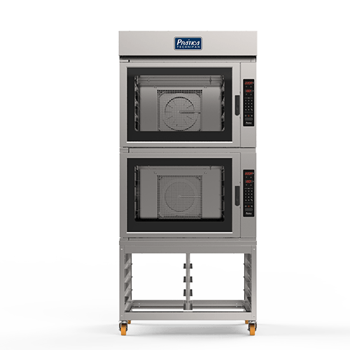Un horno de acero inoxidable se apila uno encima del otro sobre un fondo blanco.