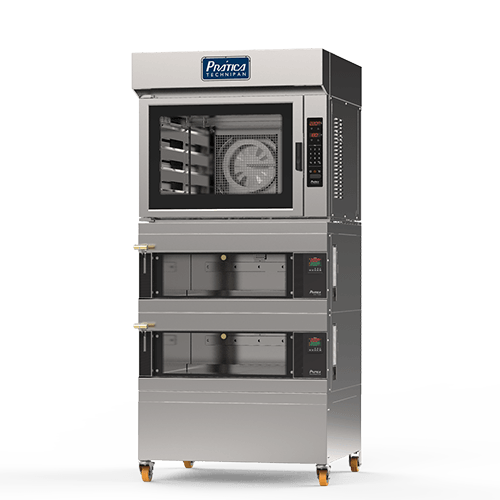 Un horno de acero inoxidable con ruedas sobre un fondo blanco.