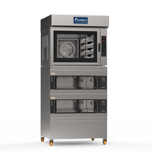 Un horno de acero inoxidable se apila uno encima del otro sobre un fondo blanco.