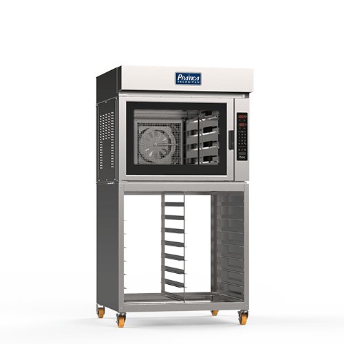Un horno de convección está colocado encima de un soporte de acero inoxidable.