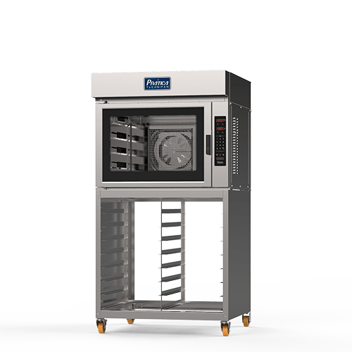 Un horno de convección está colocado encima de un soporte de acero inoxidable.