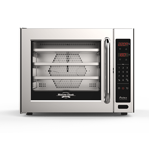 Un horno de acero inoxidable con tres estantes y pantalla digital.