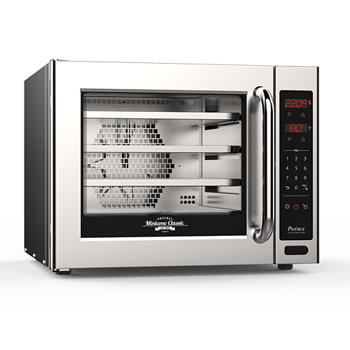 Un horno microondas de acero inoxidable con pantalla digital sobre fondo blanco.
