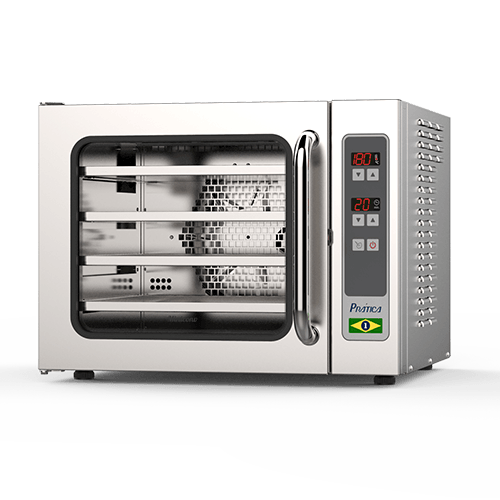 Un horno de acero inoxidable con puerta de cristal sobre un fondo blanco.