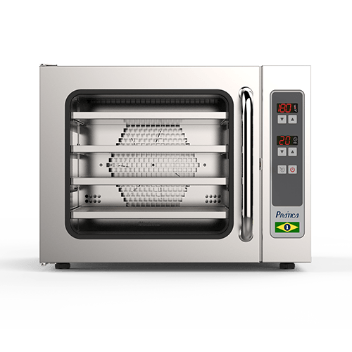 Un horno de convección de acero inoxidable con pantalla digital sobre fondo blanco.