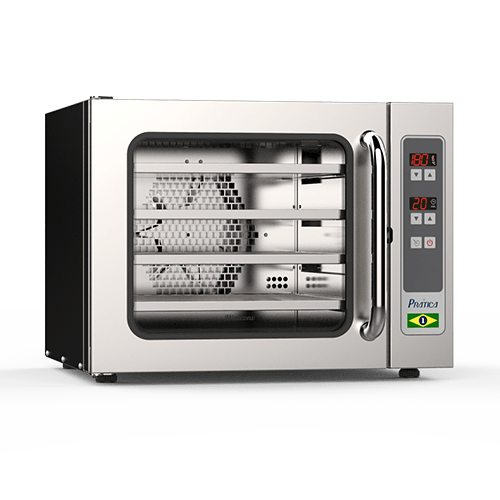 Un horno de convección de acero inoxidable con puerta de cristal sobre un fondo blanco.