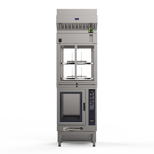 Un horno de acero inoxidable con puerta y estantes sobre fondo blanco.