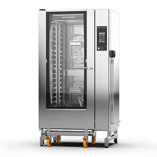 Un horno de acero inoxidable con ruedas sobre un fondo blanco.