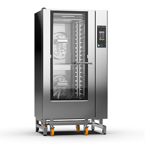 Un horno de acero inoxidable con ruedas sobre un fondo blanco.
