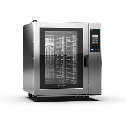 Un horno de acero inoxidable con puerta de cristal sobre un fondo blanco.