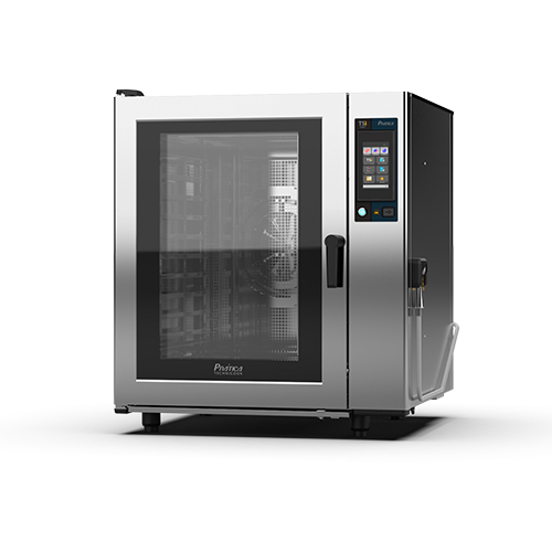 Un horno de acero inoxidable con puerta de cristal sobre un fondo blanco.