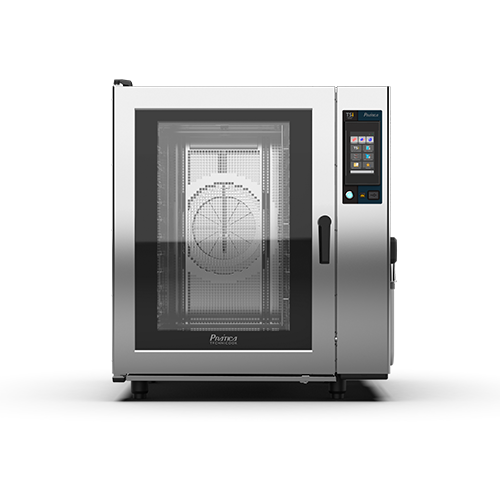 Un horno de acero inoxidable con puerta de cristal está sobre una superficie blanca.
