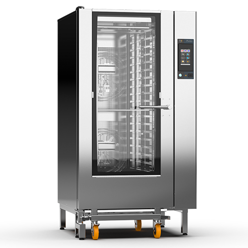 Un horno de acero inoxidable con puerta de cristal y ruedas.