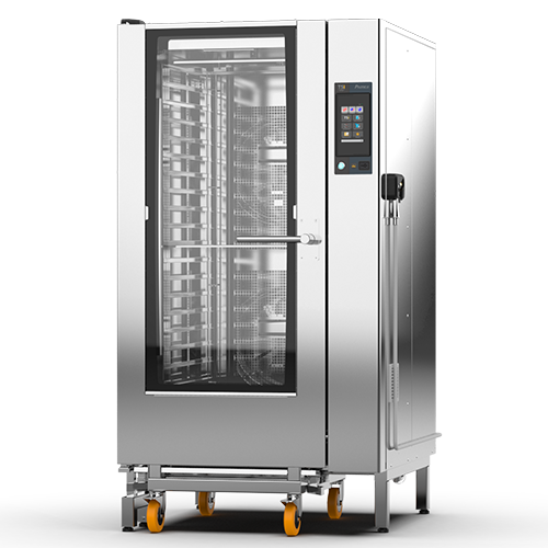 Un horno de acero inoxidable con ruedas sobre un fondo blanco.
