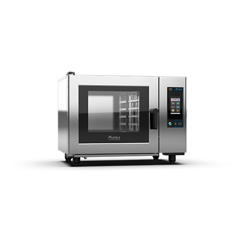 Un horno de acero inoxidable con pantalla digital sobre fondo blanco.