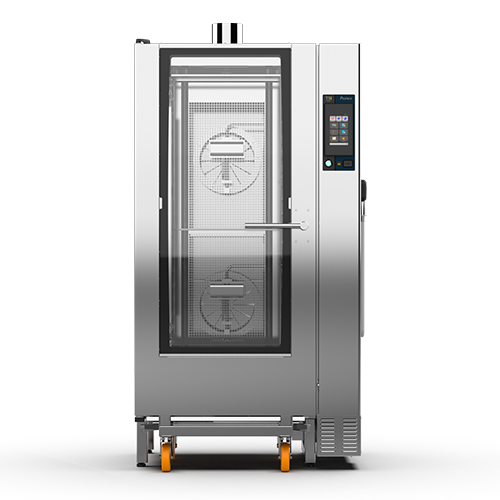 Un horno de acero inoxidable con ruedas sobre un fondo blanco.