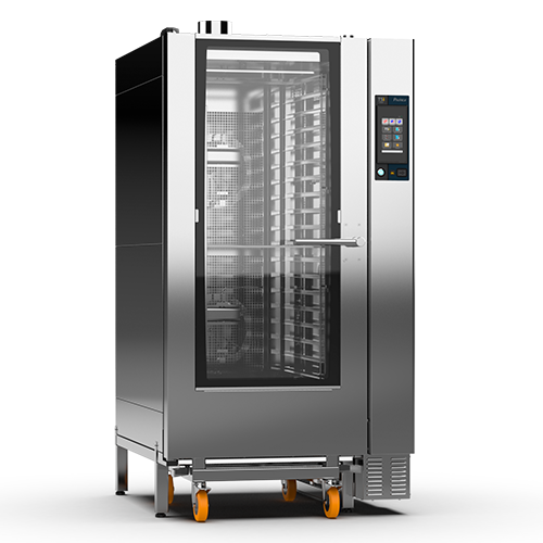 Un horno de acero inoxidable con ruedas sobre un fondo blanco.