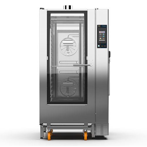 Un horno de acero inoxidable con ruedas sobre un fondo blanco.