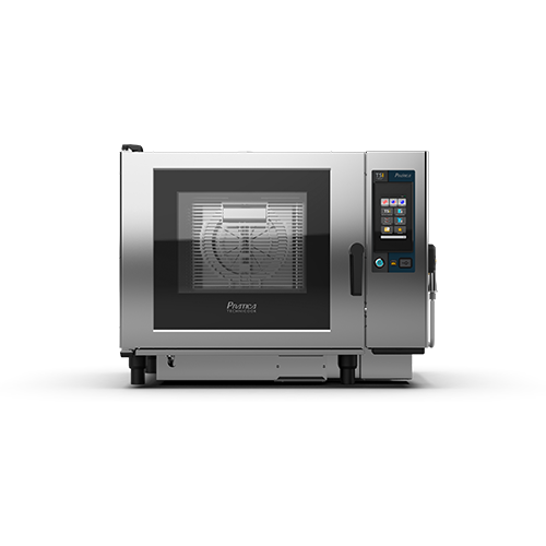 Un horno de convección de acero inoxidable con pantalla digital sobre fondo blanco.