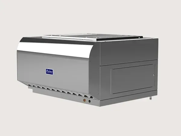 Un modelo 3D de un electrodoméstico de acero inoxidable sobre un fondo blanco.