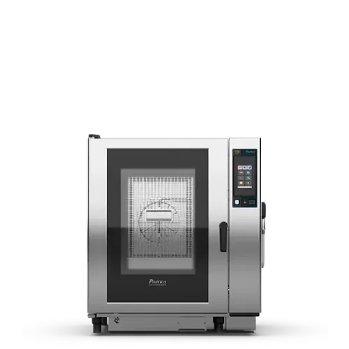 Un horno de acero inoxidable está sobre una superficie blanca.