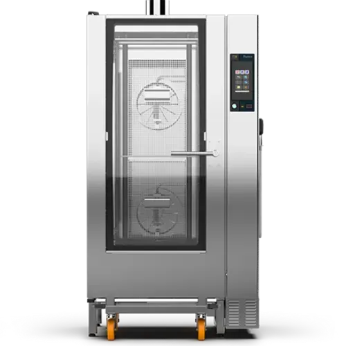 Un horno de acero inoxidable con ruedas sobre un fondo blanco.