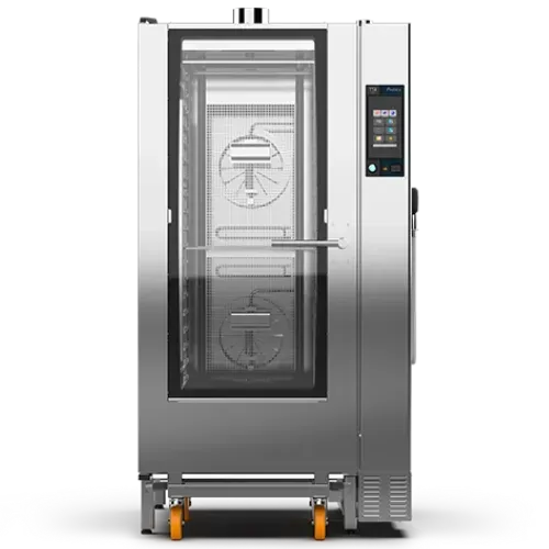 Un horno de acero inoxidable con ruedas sobre un fondo blanco.