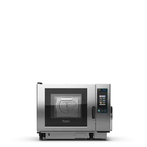 Un horno de acero inoxidable está sobre una superficie blanca.