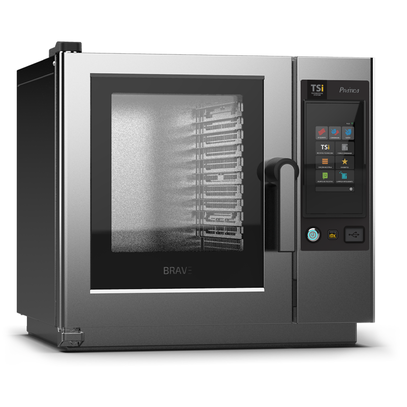 Un horno de acero inoxidable que dice valiente