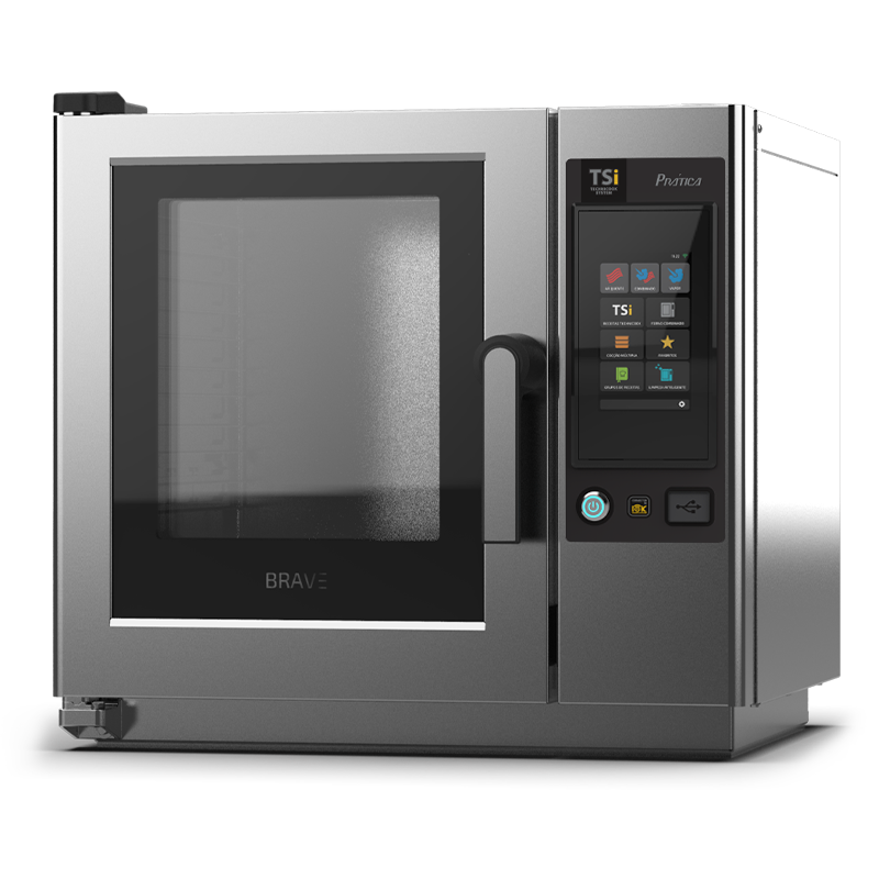 Un horno de convección de acero inoxidable con pantalla táctil.