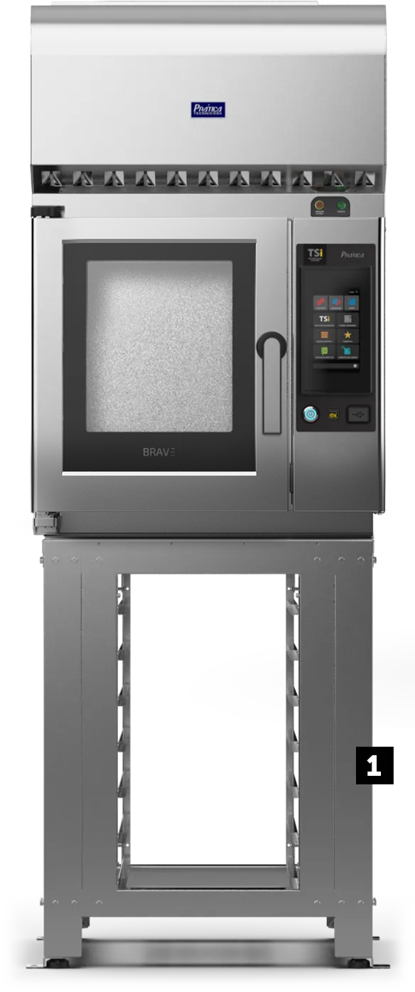 Un horno de acero inoxidable está colocado encima de un soporte de metal.