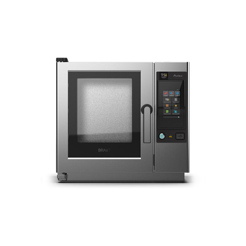 Un horno de acero inoxidable con puerta de cristal y pantalla táctil sobre fondo blanco.