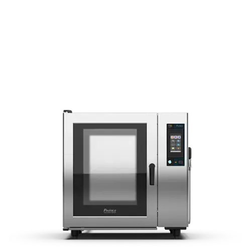 Un horno de acero inoxidable está sobre una superficie blanca.