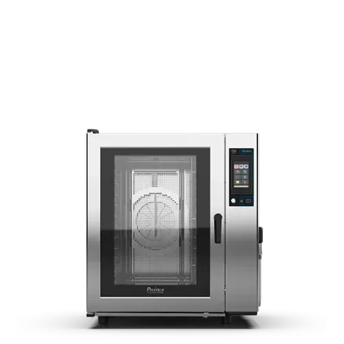 Un horno de convección de acero inoxidable con puerta de cristal sobre un fondo blanco.