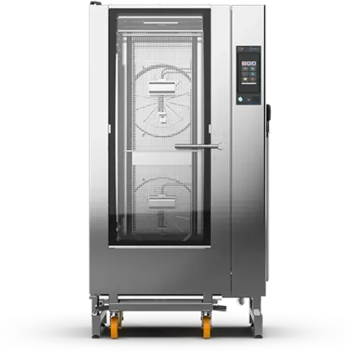 Un horno de acero inoxidable con ruedas sobre un fondo blanco.